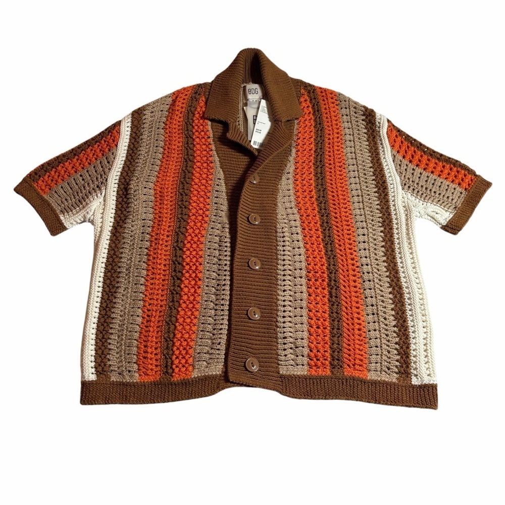 BDG Urban Outfitters Crochet Knit Button Cardigan Sweater | Stripe | Small